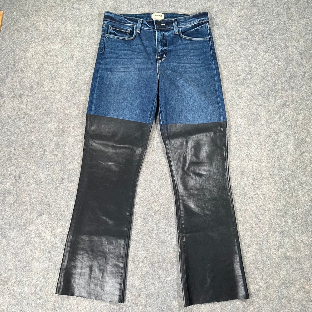 L'AGENCE Jeans Womens 28 Blue Black Faux Leather Two-Tone High Rise Ruth